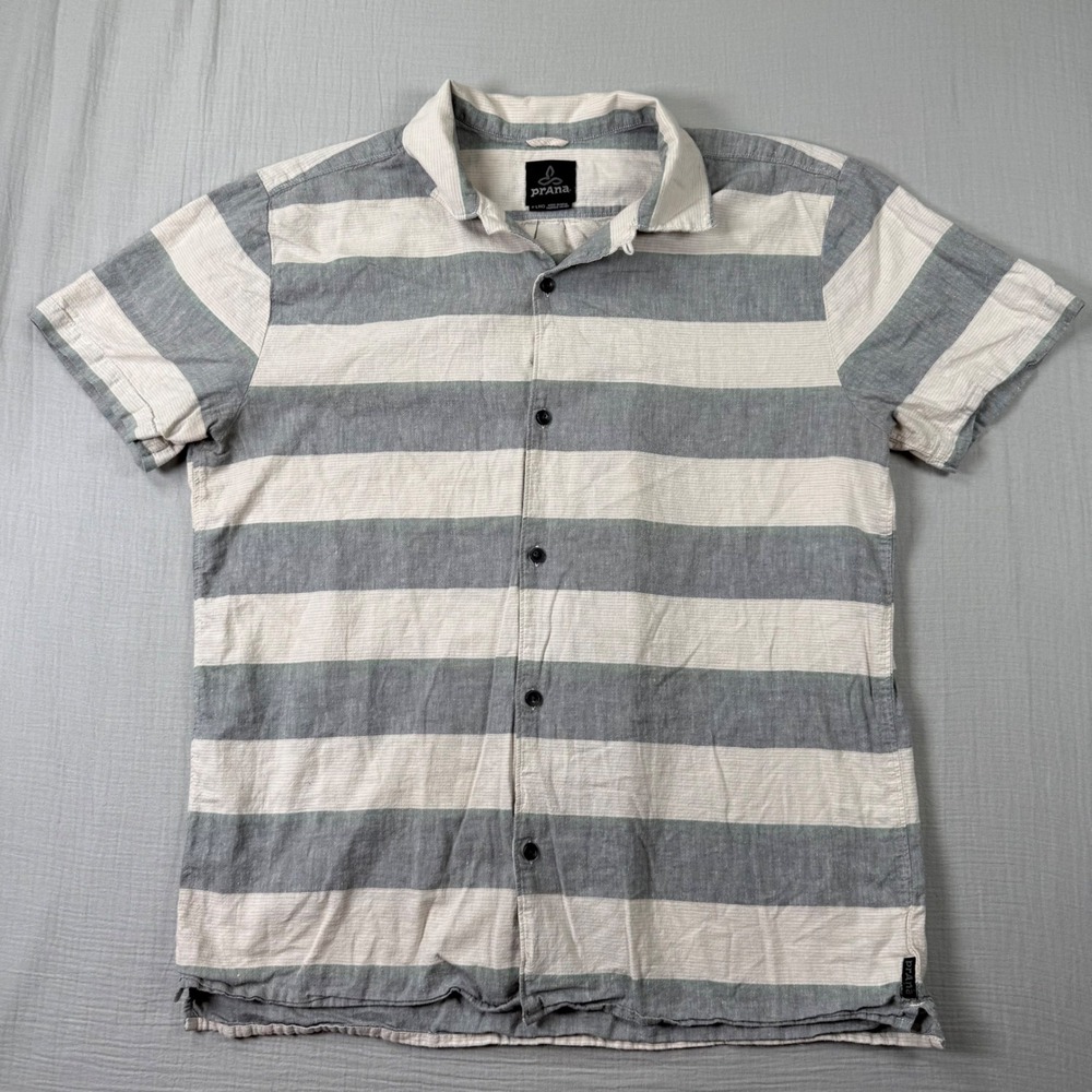 Prana Shirt Mens XL Hemp Organic Cotton Striped Short Sleeve Button Down Outdoor - Picture 2 of 8